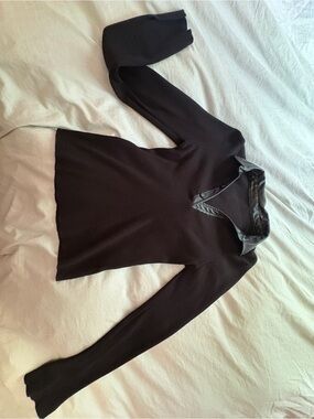 Black Long Sleeve Knit Top with Faux Leather Collar